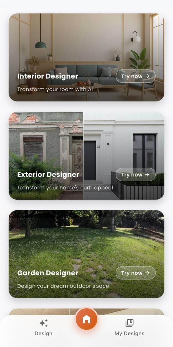 DecorAI AI room design app showing a beautiful living room transformation on iPhone