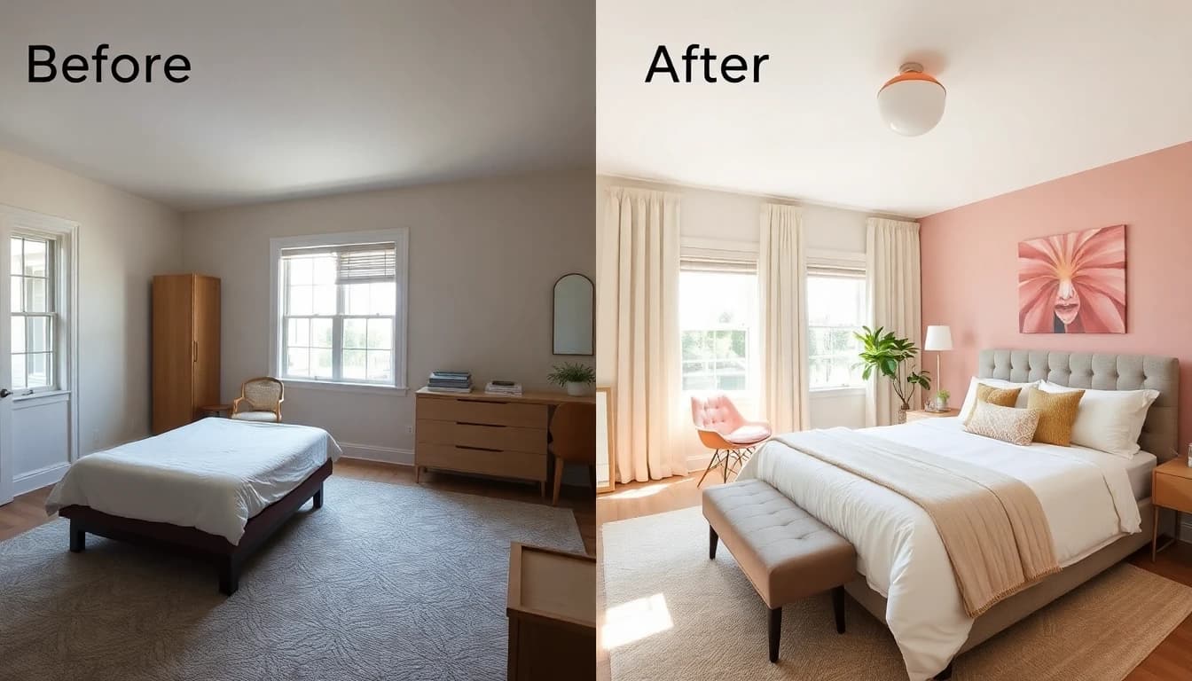 Stunning before and after AI home design transformation showing a living room makeover with DecorAI