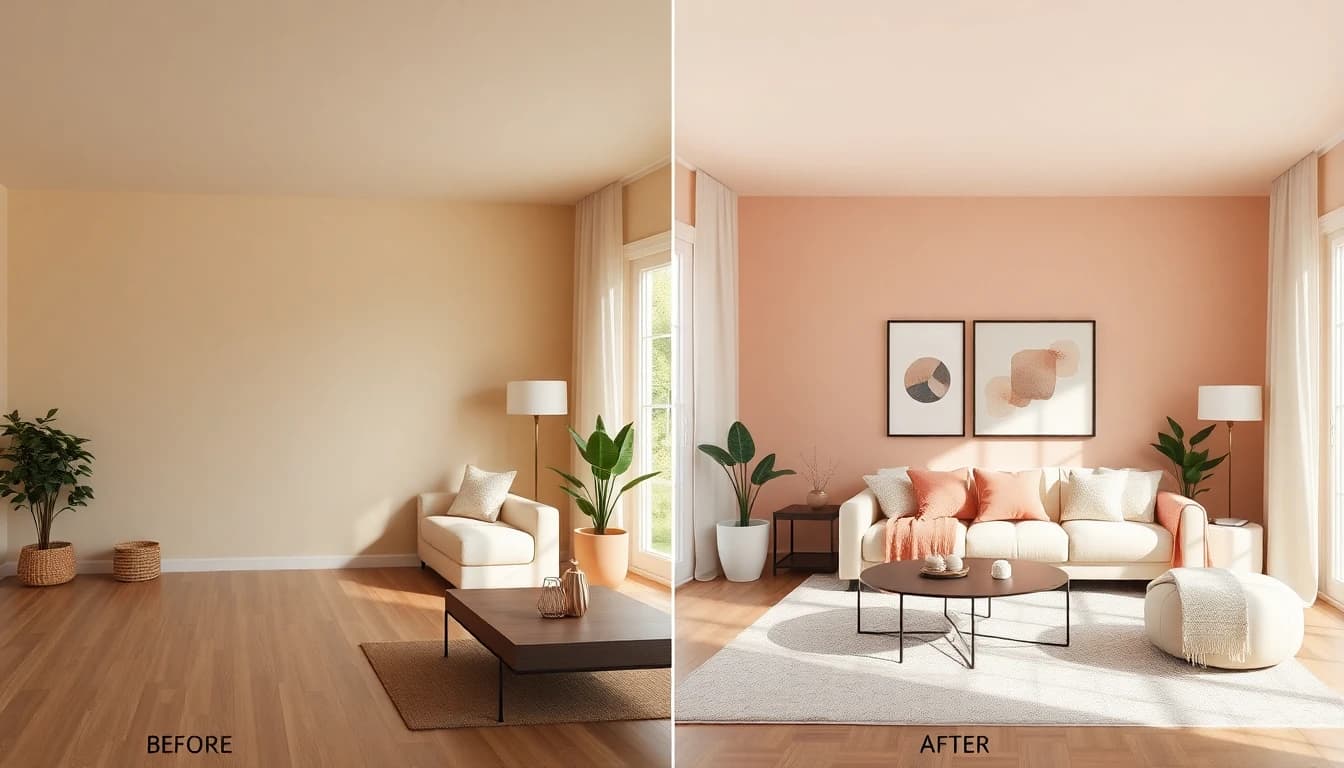 Before and after AI home design transformation showing a beautifully redecorated living room