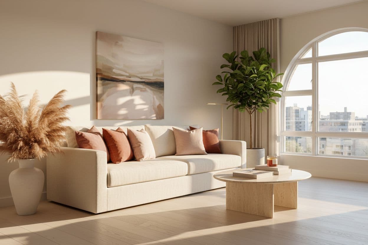 Beautiful modern living room redesigned with AI interior design showing warm cream and dusty rose tones